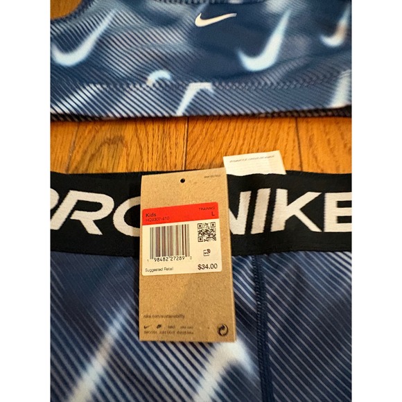 New Nike Pro Kids Athletic Set Navy Blue White Swoosh Print Sports Bra Shorts L - Picture 5 of 6